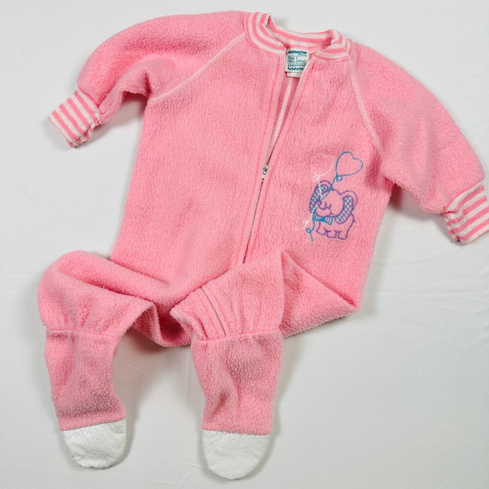 Vintage 80s JCP Toddle Time Elephant w/ Balloons Pink Fleece Footie Pajamas Sz1